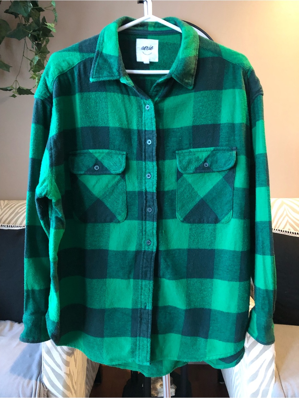 aerie Green & Dark Green Buffalo Plaid Flannel Shirt